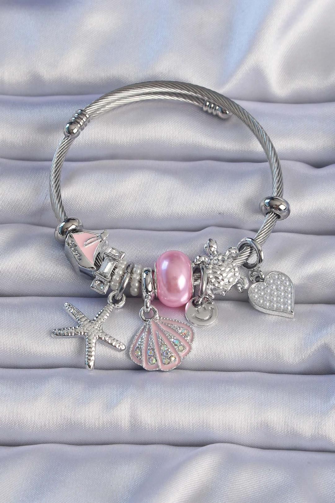 Zirkon Taşlı Pembe Deniz Kabuğu Tasarım Kalpli Charm
